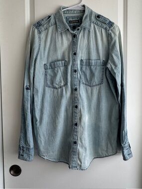 Express light wash denim button up shirt, size M
